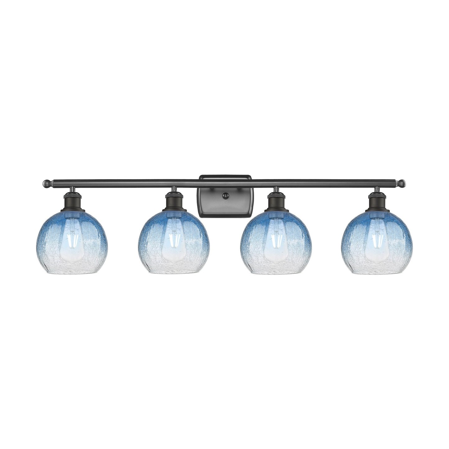 Innovations Brookhaven Globe 38in 4-Light Bath Vanity Light | Industrial Oil Rubbed Bronze Steel and Sapphire Blue Glass | Model 516-4W-OB-G483-8SB
