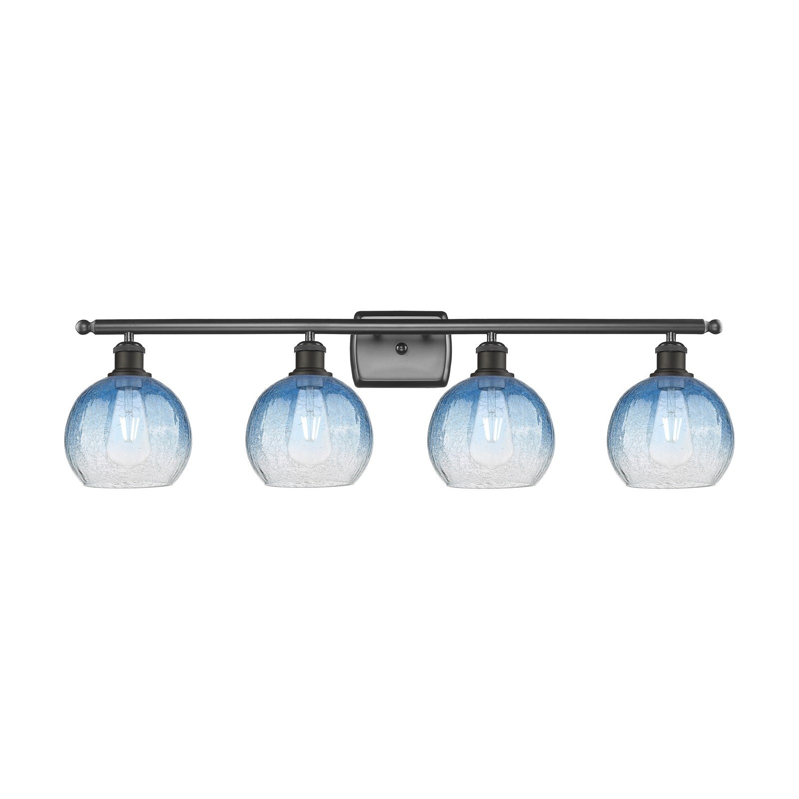 Innovations Brookhaven Globe 38in 4-Light Bath Vanity Light | Industrial Oil Rubbed Bronze Steel and Sapphire Blue Glass | Model 516-4W-OB-G483-8SB