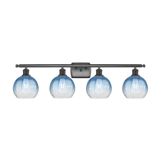 Innovations Brookhaven Globe 38in 4-Light Bath Vanity Light | Industrial Oil Rubbed Bronze Steel and Sapphire Blue Glass | Model 516-4W-OB-G483-8SB