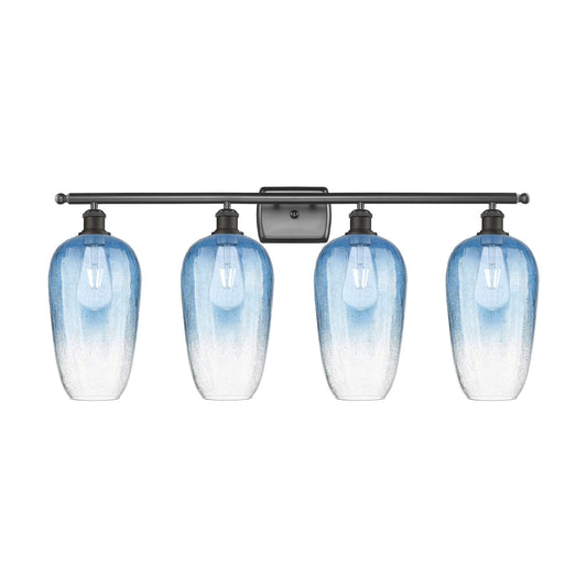Innovations Brookhaven Flute 37in 4-Light Bath Vanity Light | Industrial Oil Rubbed Bronze Steel and Sapphire Blue Glass | Model 516-4W-OB-G484-7SB