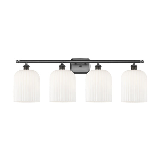 Innovations Bridal Veil 35in 4-Light Bath Vanity Light | Industrial Oil Rubbed Bronze and Gloss White Ribbed Glass | Bathroom | Model 516-4W-OB-G559-8GWH