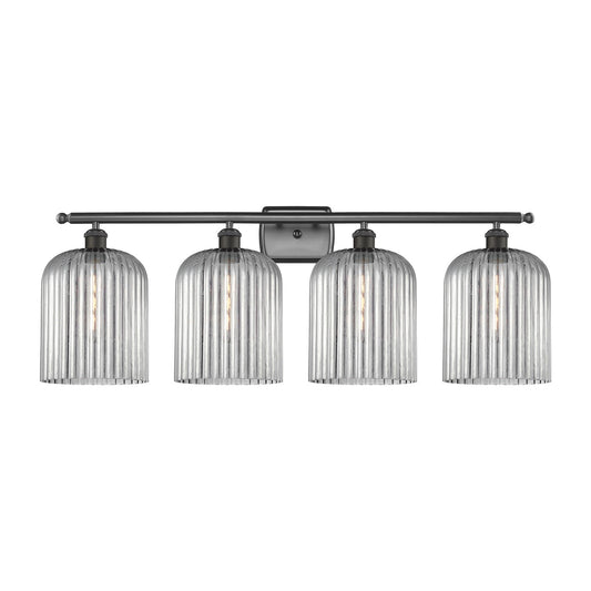 Innovations Bridal Veil 35in 4-Light Bath Vanity Light | Art Nouveau Industrial Oil Rubbed Bronze Steel and Light Smoke Ribbed | Model 516-4W-OB-G559-8SM