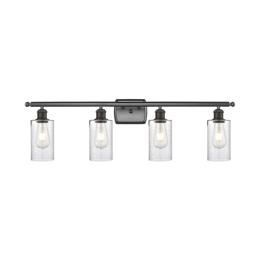 Innovations Clymer 34in 4-Light Bath Vanity Light | Art Nouveau Transitional Oil Rubbed Bronze Steel and Seedy Glass | Bathroom | Model 516-4W-OB-G804