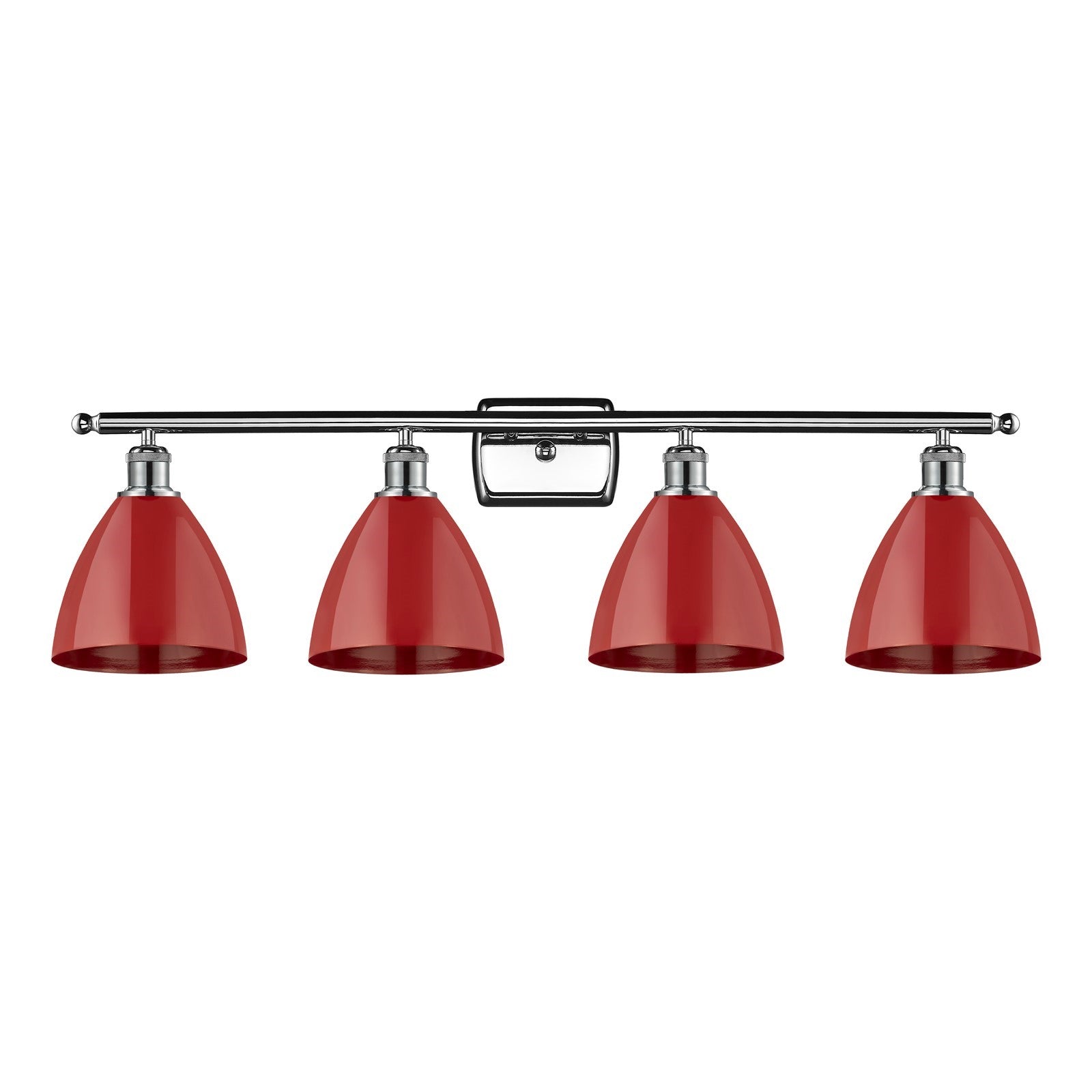 Innovations Plymouth 38in 4-Light Bath Vanity | Industrial Farmhouse Polished Chrome and Matte Red Metal Shade | Bathroom | Model 516-4W-PC-MBD-75-RD-LED