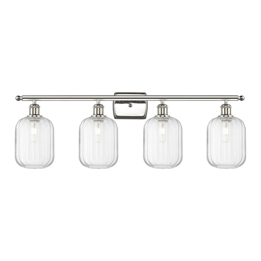 Innovations Preston Cylinder 37in 4-Light Bath Vanity Light | Industrial Polished Nickel Steel and Clear Glass | Bathroom | Model 516-4W-PN-G460-7CL