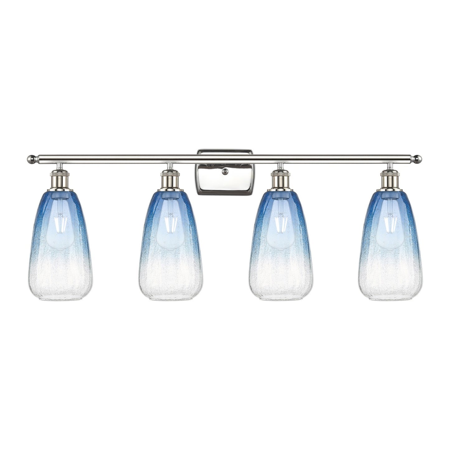 Innovations Brookhaven Almond 36in 4-Light Bath Vanity Light | Industrial Polished Nickel Steel and Sapphire Blue Glass | Model 516-4W-PN-G480-6SB