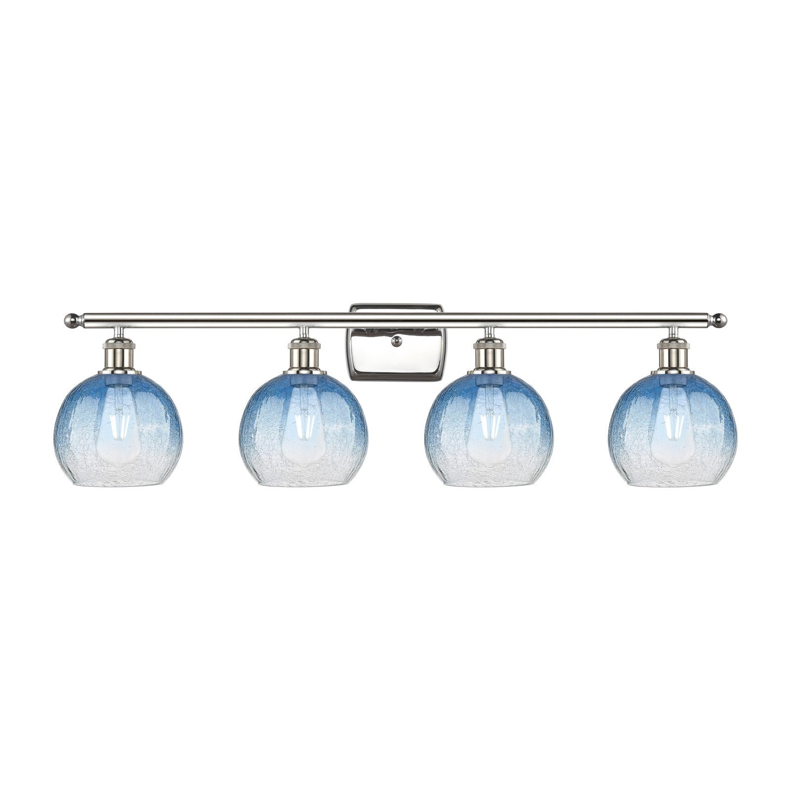 Innovations Brookhaven Globe 38in 4-Light Bath Vanity Light | Industrial Modern Polished Nickel and Sapphire Blue Glass | Model 516-4W-PN-G483-8SB