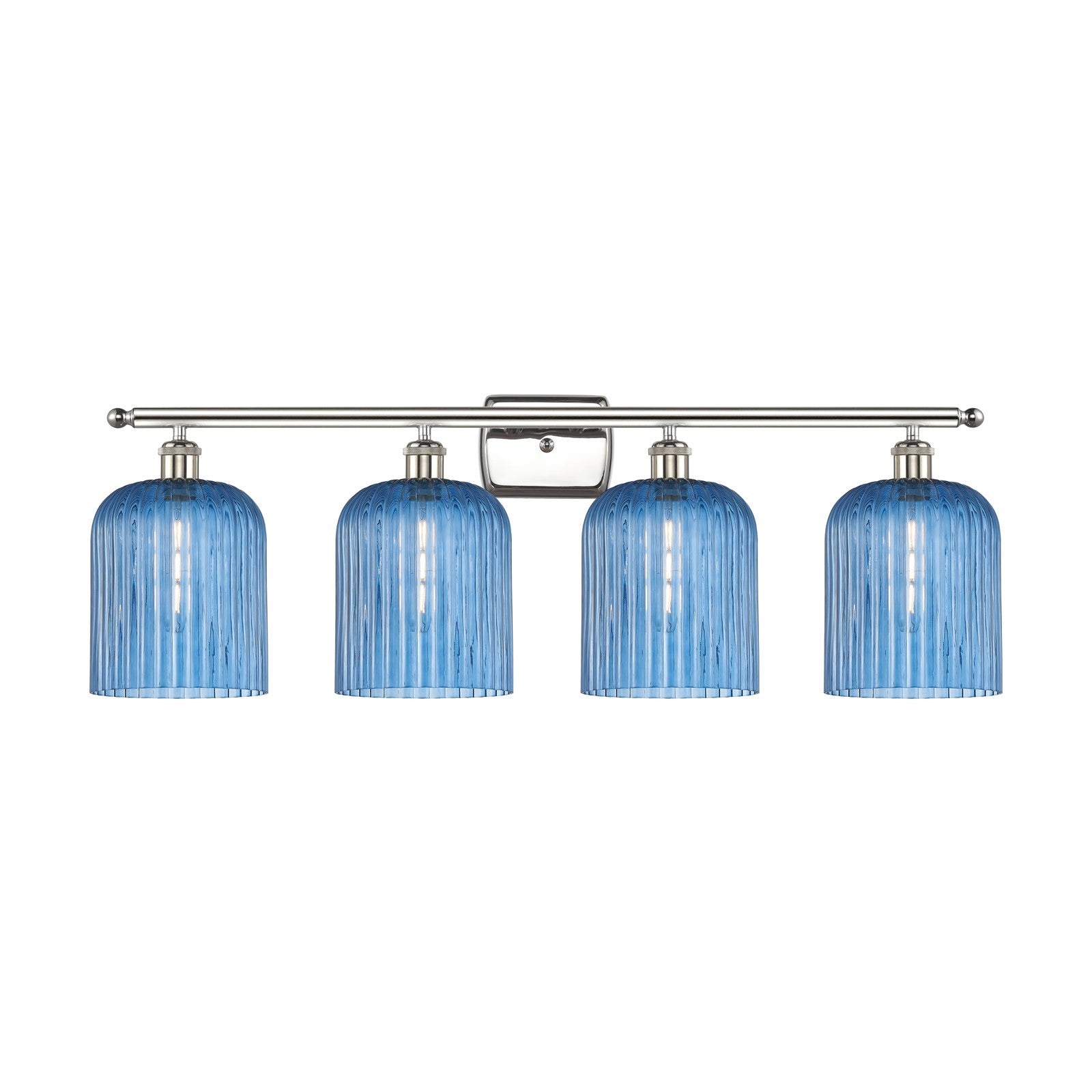 Innovations Bridal Veil 35in 4-Light Bath Vanity Light | Art Nouveau Polished Nickel and Princess Blue Ribbed Glass | Bathroom | Model 516-4W-PN-G559-8BL