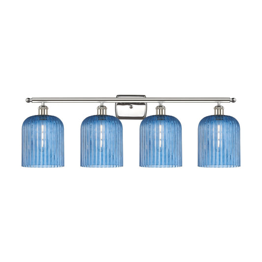 Innovations Bridal Veil 35in 4-Light Bath Vanity Light | Art Nouveau Polished Nickel and Princess Blue Ribbed Glass | Bathroom | Model 516-4W-PN-G559-8BL