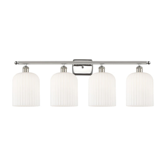 Innovations Bridal Veil 35in 4-Light Bath Vanity Light | Art Nouveau Polished Nickel and Gloss White Ribbed Glass | Bathroom | Model 516-4W-PN-G559-8GWH