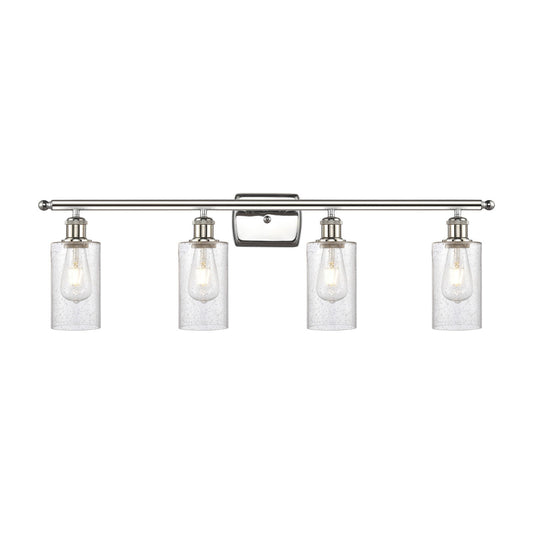 Innovations Clymer 34in 4-Light Bath Vanity Light | Art Nouveau Polished Nickel Steel and Seedy Glass | Bathroom Vanity | 33.88 x | Model 516-4W-PN-G804