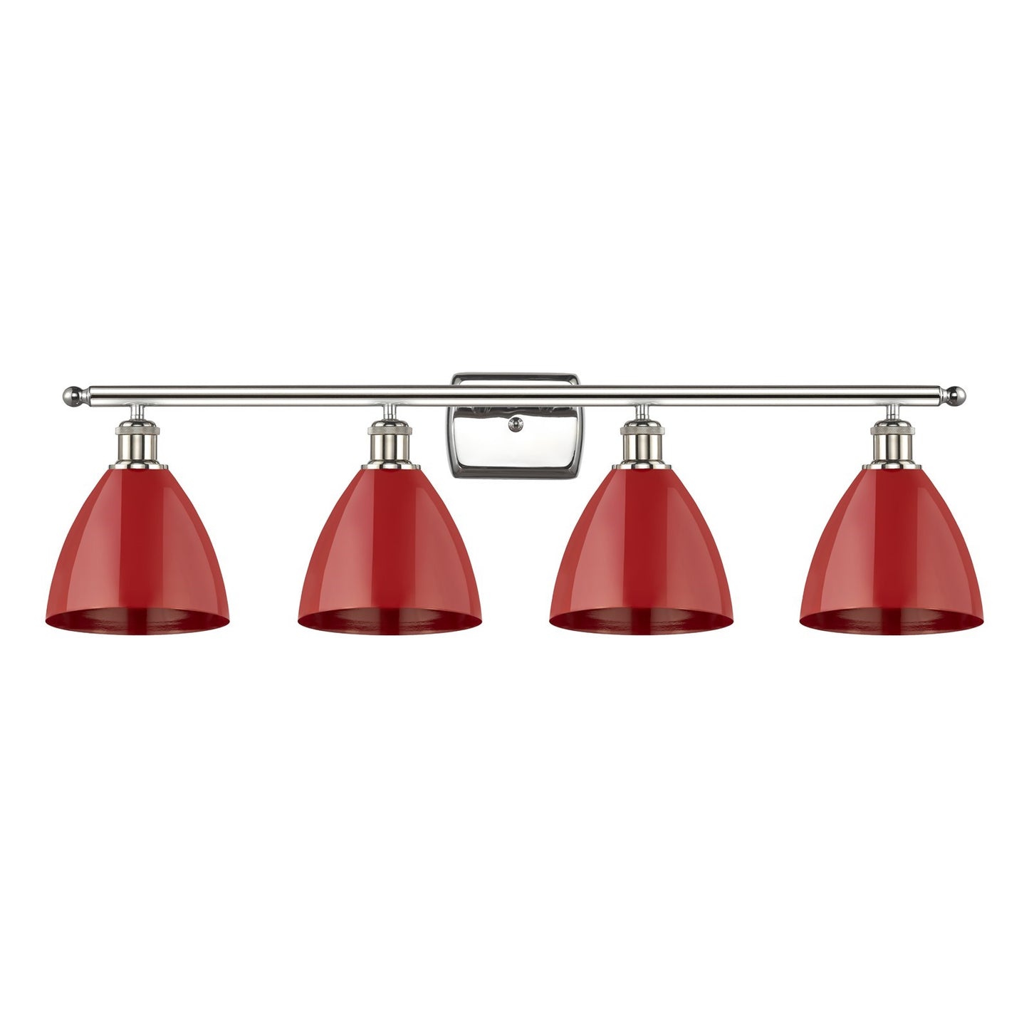 Innovations Plymouth 37.5in 4-Light Bath Vanity Light | Industrial Farmhouse Polished Nickel and Matte Red Metal Shade | Model 516-4W-PN-MBD-75-RD-LED