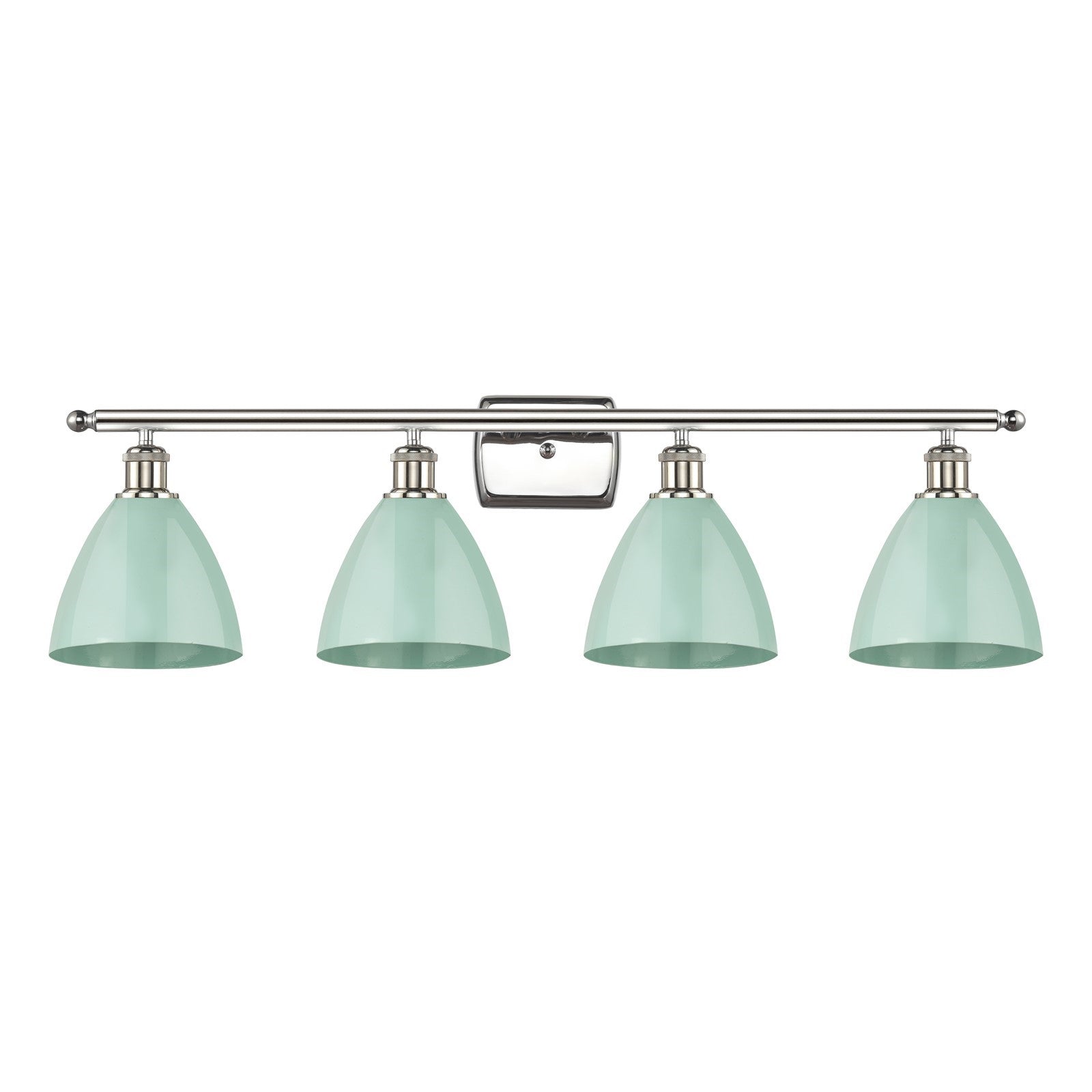 Innovations Plymouth 37.5in 4-Light Bath Vanity Light | Industrial Farmhouse Polished Nickel and Matte Seafoam Metal Shade | Model 516-4W-PN-MBD-75-SF-LED