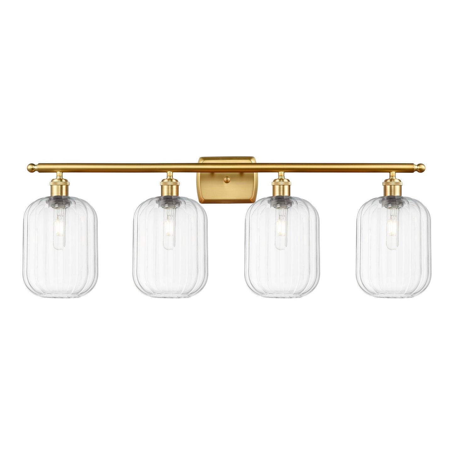 Innovations Preston Cylinder 37in 4-Light Bath Vanity | Industrial Satin Gold Steel and Clear Glass | Bathroom Vanity & Powder | Model 516-4W-SG-G460-7CL