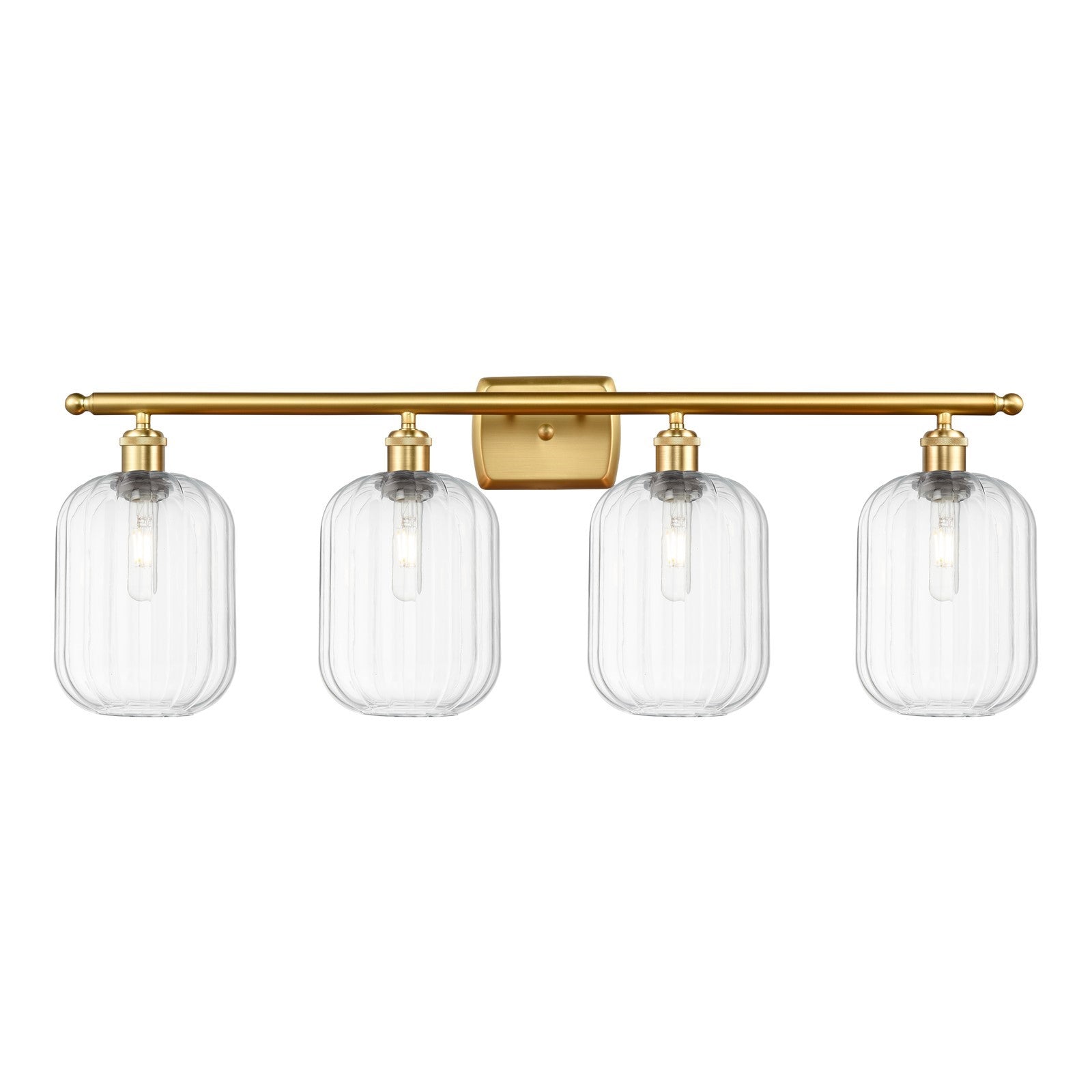 Innovations Preston Cylinder 37in 4-Light Bath Vanity | Industrial Satin Gold Steel and Clear Glass | Bathroom Vanity & Powder | Model 516-4W-SG-G460-7CL