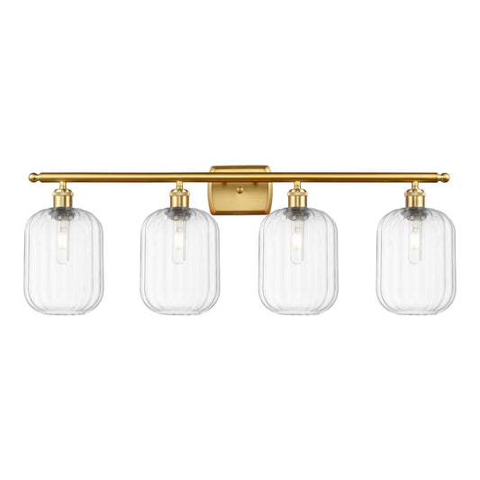 Innovations Preston Cylinder 37in 4-Light Bath Vanity | Industrial Satin Gold Steel and Clear Glass | Bathroom Vanity & Powder | Model 516-4W-SG-G460-7CL