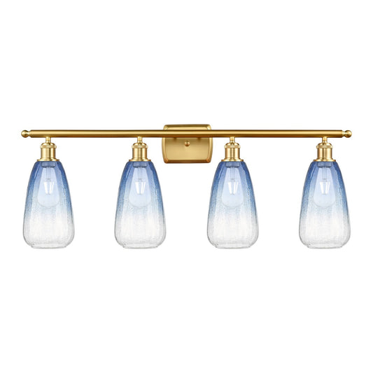 Innovations Brookhaven Almond 36in 4-Light Bath Vanity Light | Industrial Satin Gold Steel and Sapphire Blue Glass | Bathroom | Model 516-4W-SG-G480-6SB