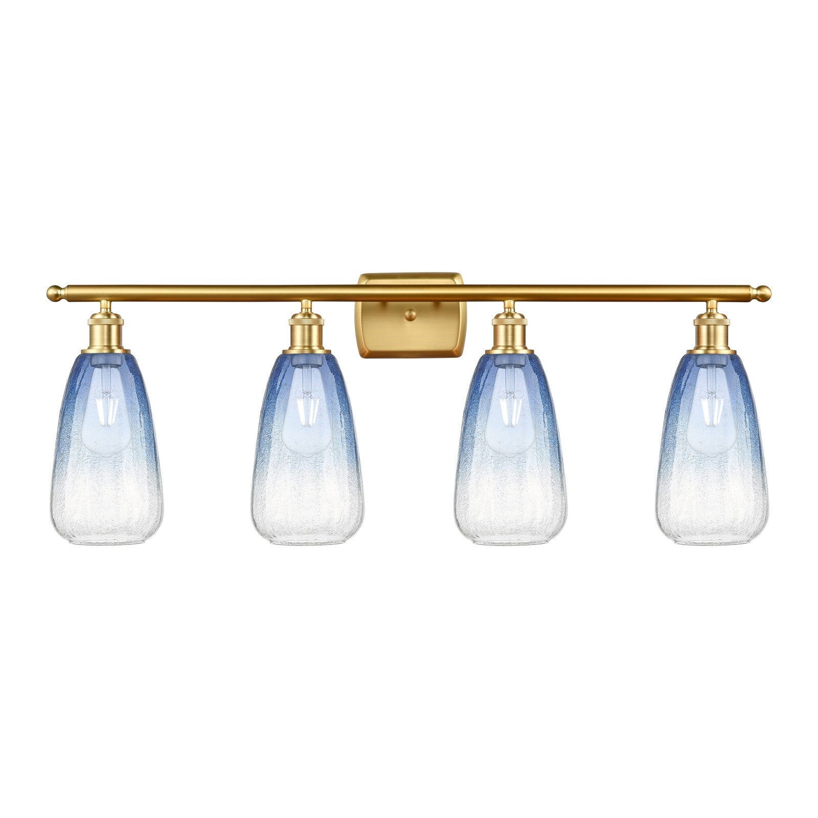 Innovations Brookhaven Almond 36in 4-Light Bath Vanity Light | Industrial Satin Gold Steel and Sapphire Blue Glass | Bathroom | Model 516-4W-SG-G480-6SB