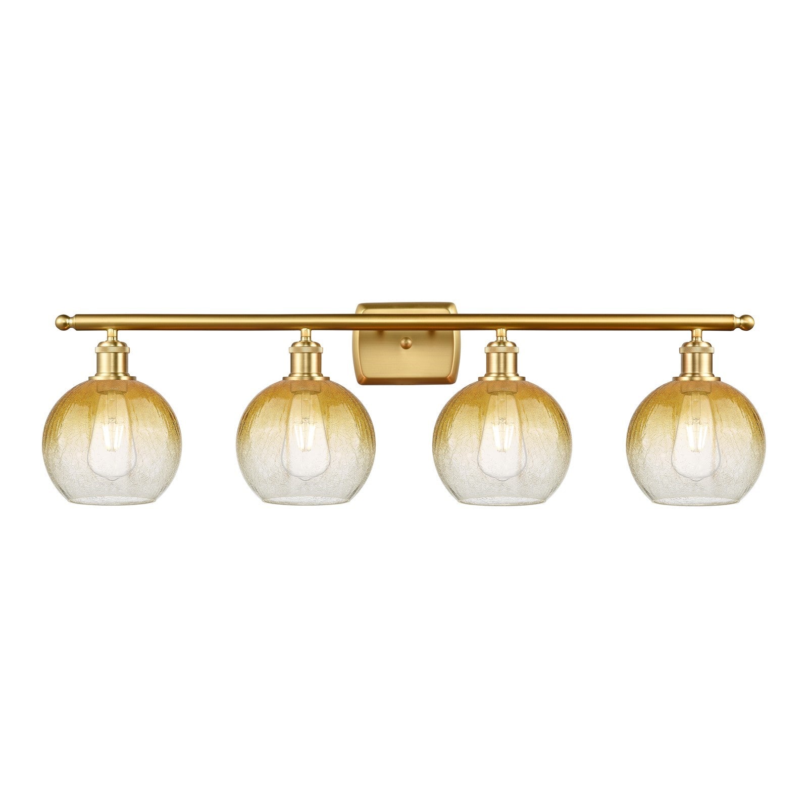 Innovations Brookhaven Globe 38in 4-Light Bath Vanity | Industrial Satin Gold Steel and Cast Brass with Amber Glass | Bathroom | Model 516-4W-SG-G483-8AM