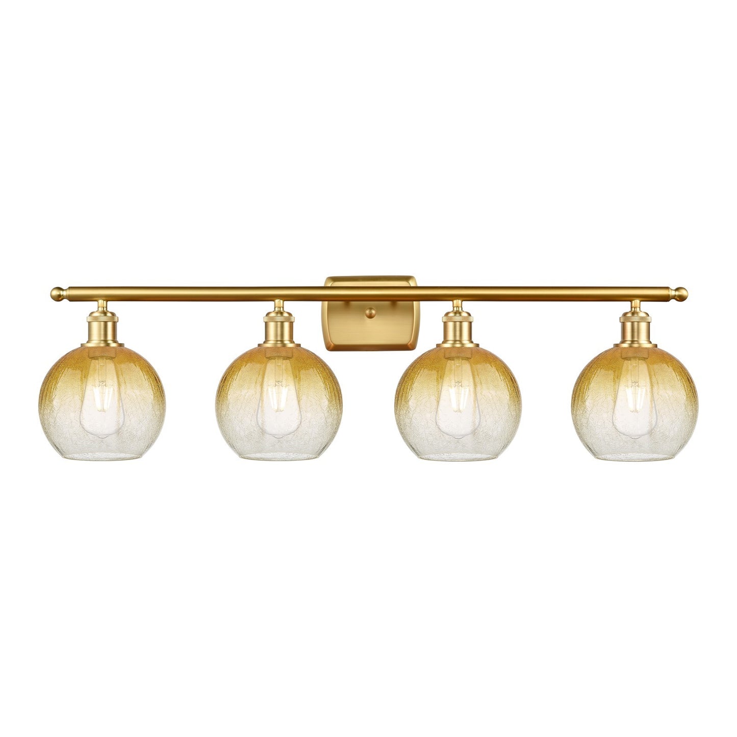 Innovations Brookhaven Globe 38in 4-Light Bath Vanity | Industrial Satin Gold Steel and Cast Brass with Amber Glass | Bathroom | Model 516-4W-SG-G483-8AM