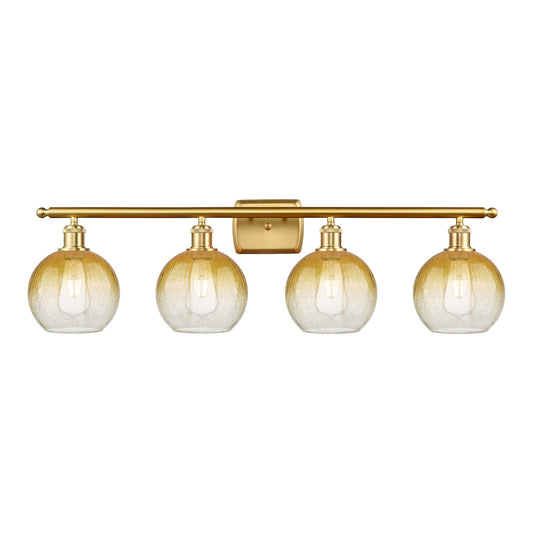 Innovations Brookhaven Globe 38in 4-Light Bath Vanity | Industrial Satin Gold Steel and Cast Brass with Amber Glass | Bathroom | Model 516-4W-SG-G483-8AM