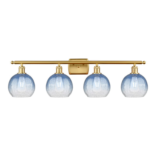 Innovations Brookhaven Globe 38in 4-Light Bath Vanity | Industrial Satin Gold Steel and Sapphire Blue Glass | Bathroom Vanity | Model 516-4W-SG-G483-8SB
