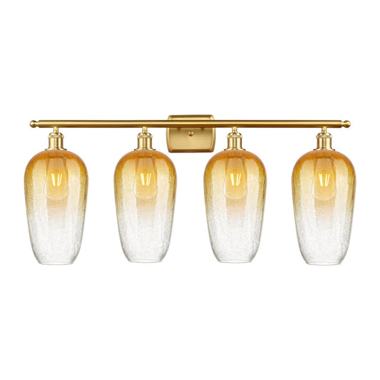 Innovations Brookhaven Flute 37in 4-Light Bath Vanity Light | Industrial Satin Gold Steel and Amber Glass | Damp Rated Bathroom | Model 516-4W-SG-G484-7AM