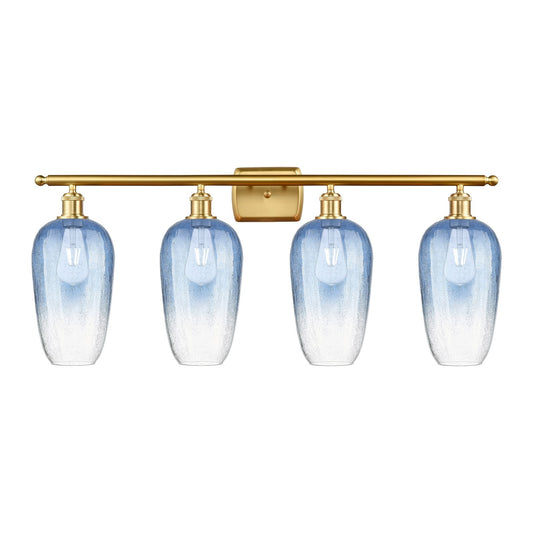 Innovations Brookhaven Flute 37in 4-Light Bath Vanity | Industrial Modern Satin Gold Steel and Sapphire Blue Glass | Bathroom | Model 516-4W-SG-G484-7SB