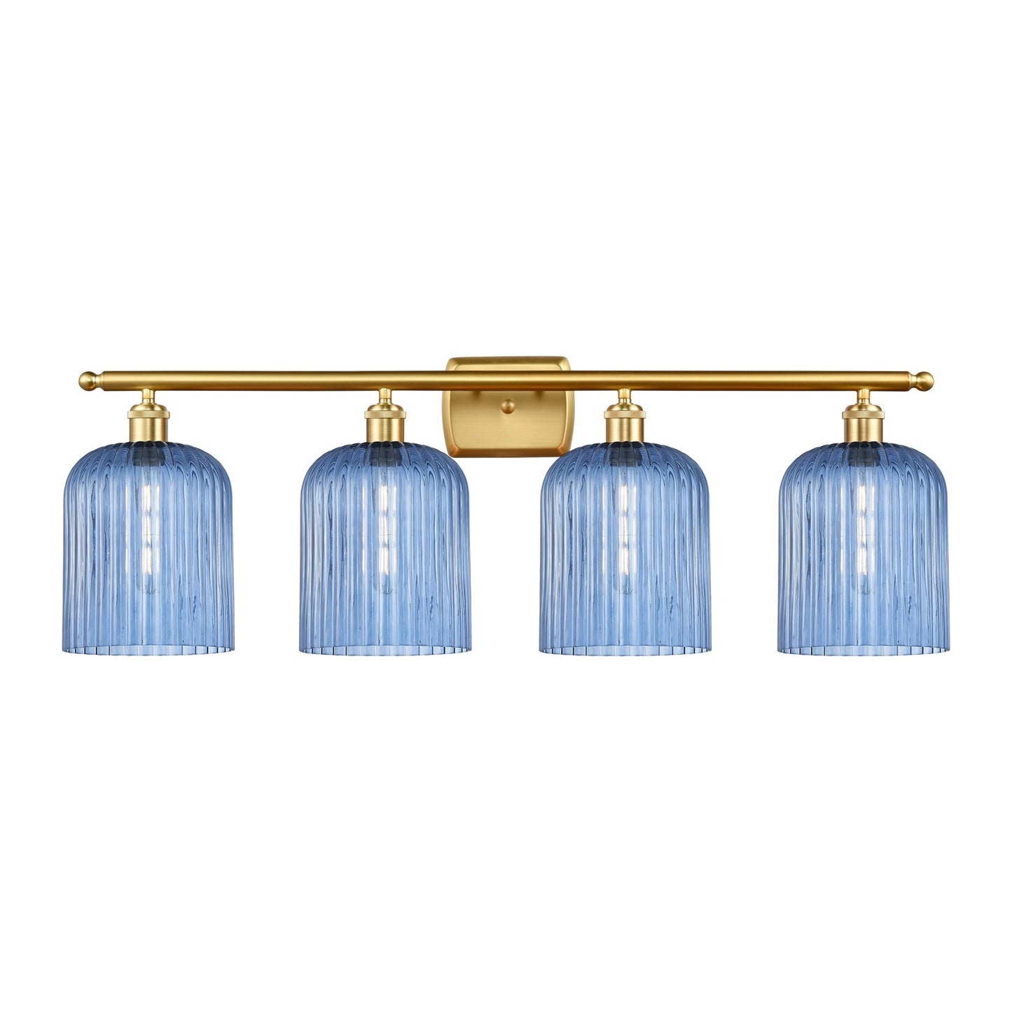 Innovations Bridal Veil 35in 4-Light Bath Vanity Light | Art Nouveau Satin Gold Steel and Princess Blue Ribbed Glass | Bathroom | Model 516-4W-SG-G559-8BL