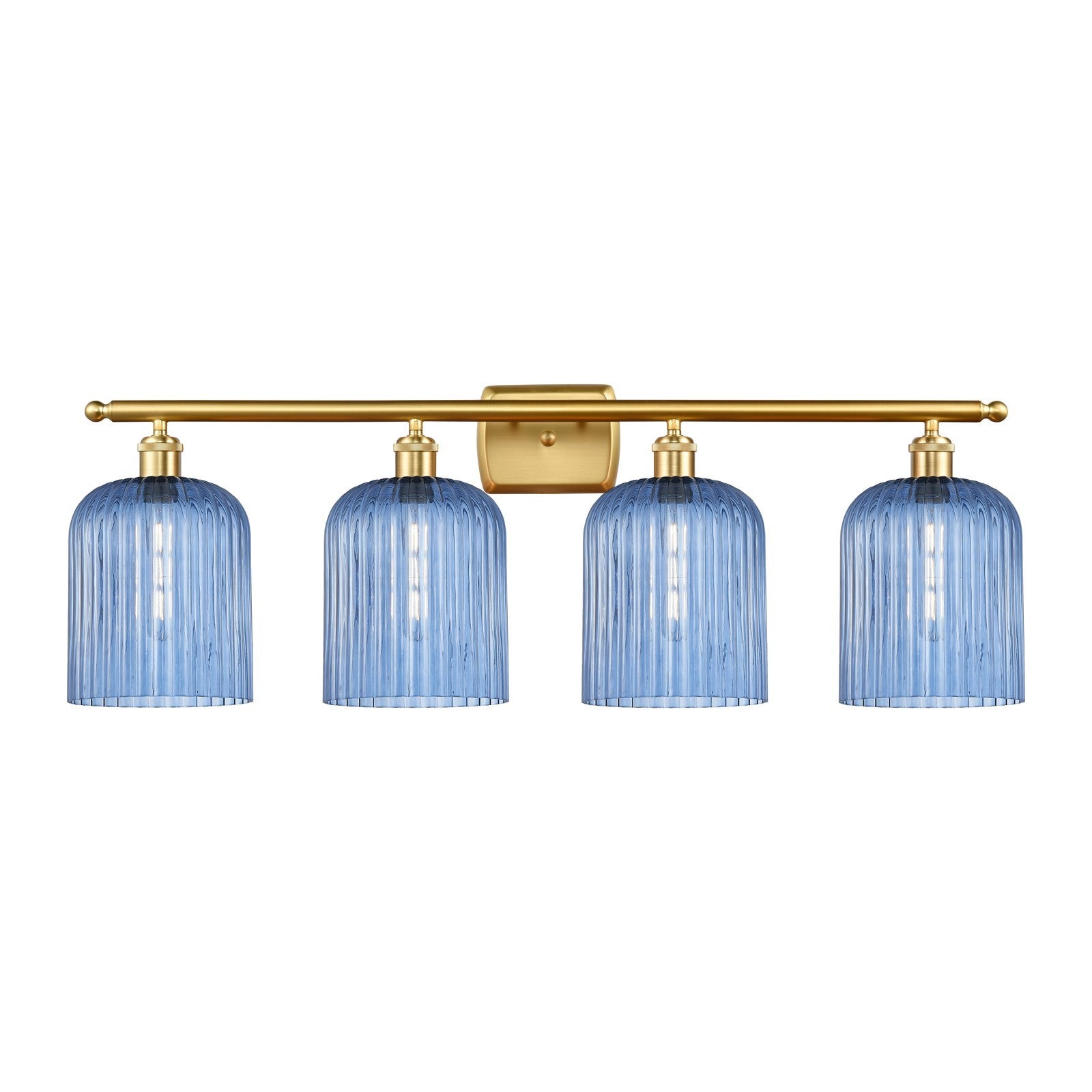 Innovations Bridal Veil 35in 4-Light Bath Vanity Light | Art Nouveau Satin Gold Steel and Princess Blue Ribbed Glass | Bathroom | Model 516-4W-SG-G559-8BL