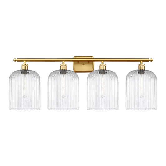 Innovations Bridal Veil 35in 4-Light Bath Vanity Light | Art Nouveau Satin Gold Steel and Clear Ribbed Glass | Bathroom Vanity | Model 516-4W-SG-G559-8CL