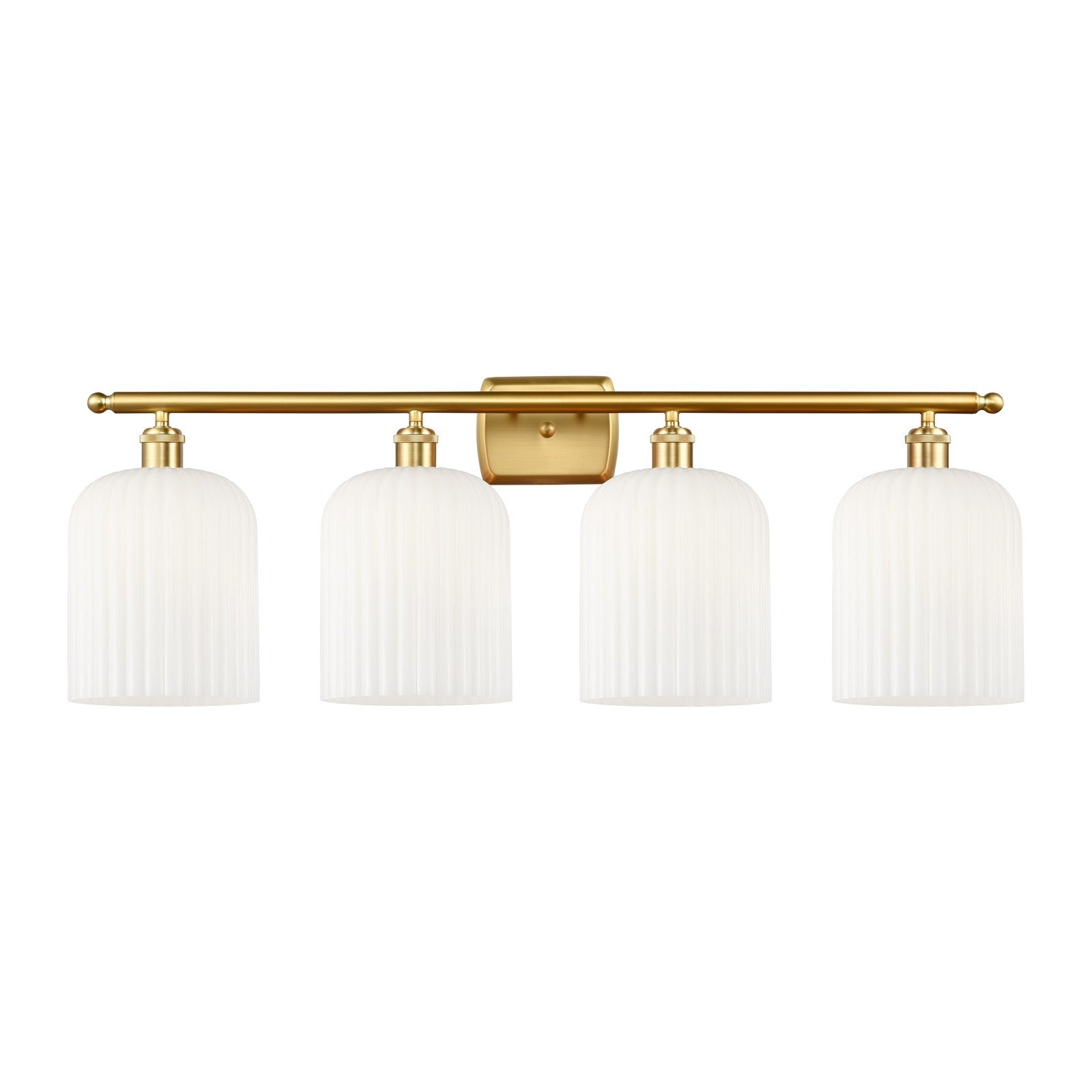 Innovations Bridal Veil 35in 4-Light Bath Vanity | Art Nouveau Satin Gold Steel and Gloss White Ribbed Glass | Bathroom Vanity | Model 516-4W-SG-G559-8GWH