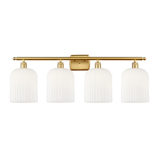 Innovations Bridal Veil 35in 4-Light Bath Vanity | Art Nouveau Satin Gold Steel and Gloss White Ribbed Glass | Bathroom Vanity | Model 516-4W-SG-G559-8GWH