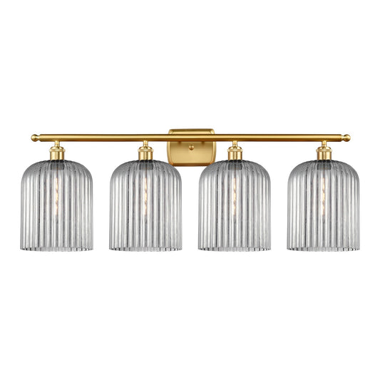 Innovations Bridal Veil 35in 4-Light Bath Vanity Light | Art Nouveau Satin Gold Steel and Light Smoke Ribbed Glass | Bathroom | Model 516-4W-SG-G559-8SM