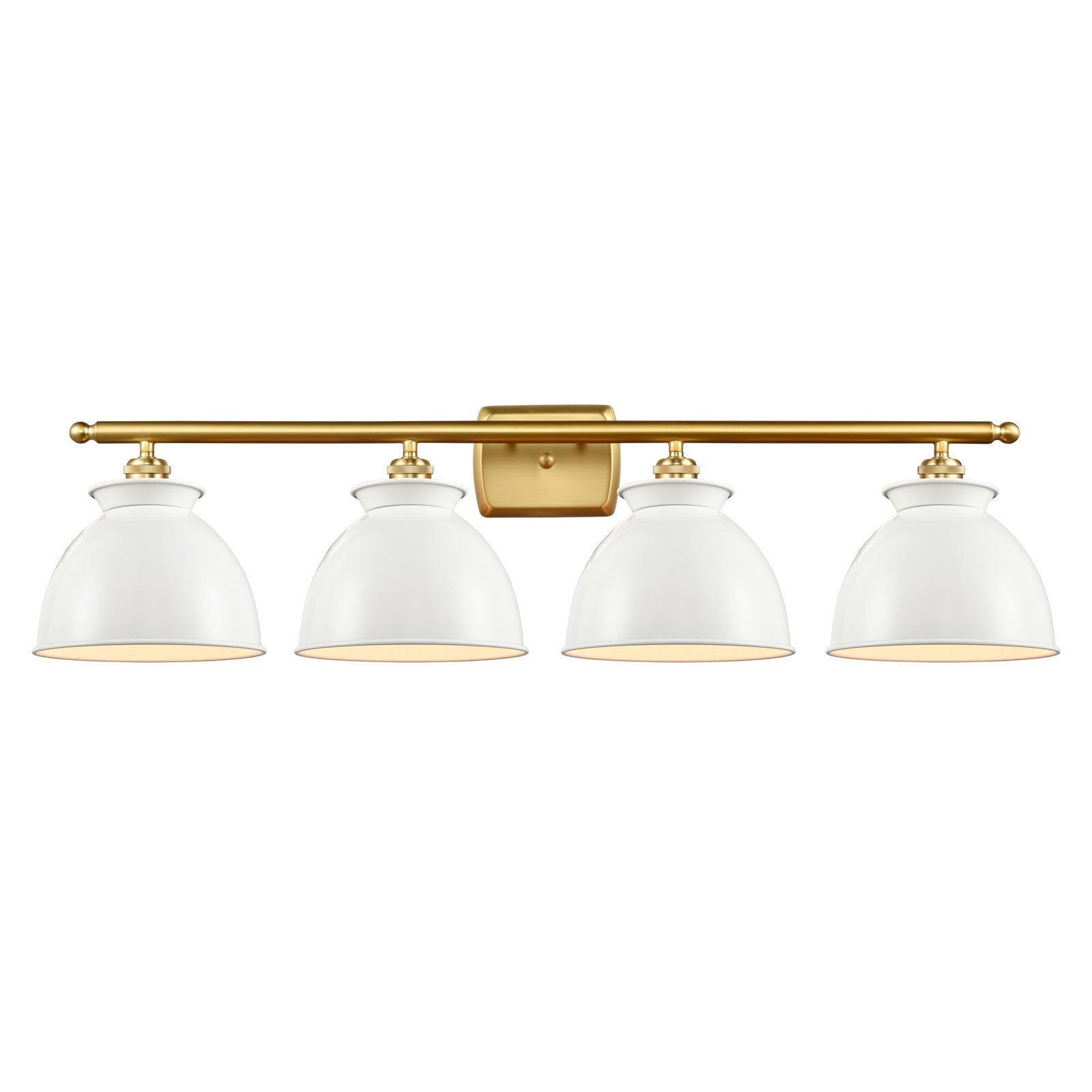 Innovations Adirondack 38in 4-Light Bath Vanity | Industrial Farmhouse Satin Gold Steel and Glossy White Metal Shade | Model 516-4W-SG-M14-W-LED