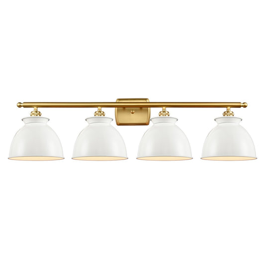 Innovations Adirondack 38in 4-Light Bath Vanity | Industrial Farmhouse Satin Gold Steel and Glossy White Metal Shade | Model 516-4W-SG-M14-W-LED