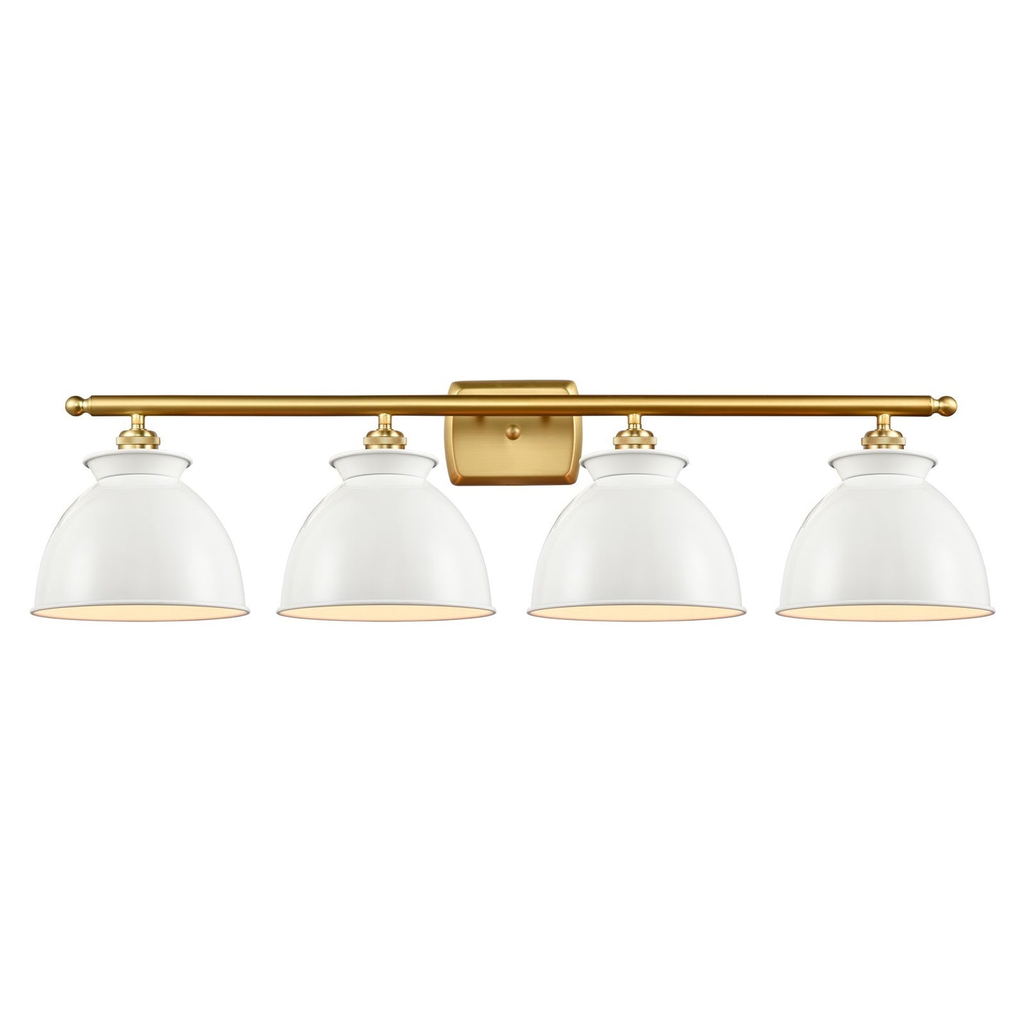 Innovations Adirondack 38in 4-Light Bath Vanity | Industrial Farmhouse Satin Gold Steel and Glossy White Metal Shade | Model 516-4W-SG-M14-W-LED