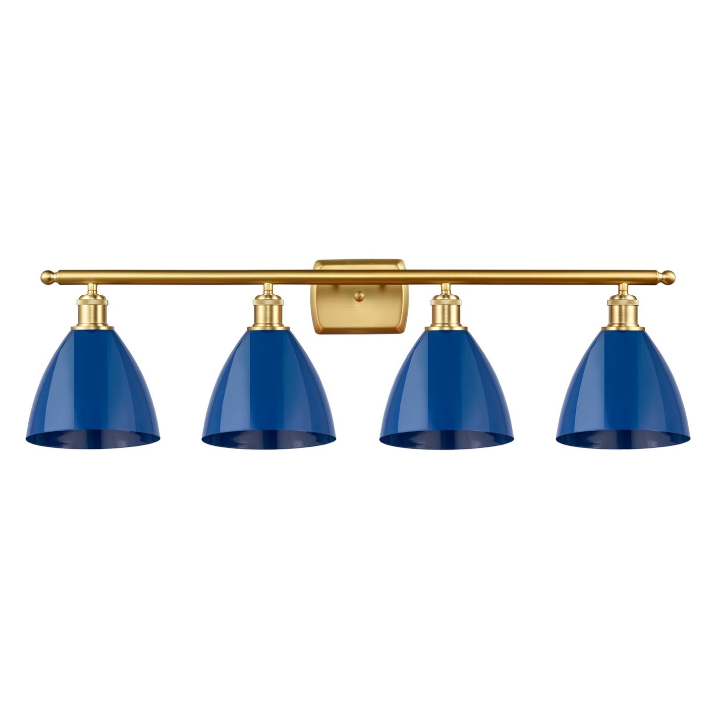 Innovations Plymouth 38in 4-Light Bath Vanity Light | Industrial Farmhouse Satin Gold Steel and Matte Blue Metal Shade | Model 516-4W-SG-MBD-75-BL