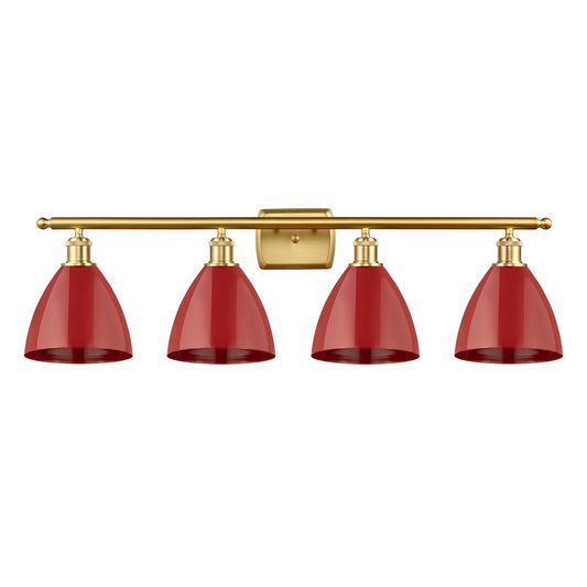 Innovations Plymouth 38in 4-Light Bath Vanity Light | Industrial Farmhouse Satin Gold Steel and Matte Red Metal Shade | Model 516-4W-SG-MBD-75-RD