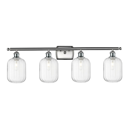 Innovations Preston Cylinder 37in 4-Light Bath Vanity | Industrial Brushed Satin Nickel and Clear Glass | Damp Rated Bathroom | Model 516-4W-SN-G460-7CL