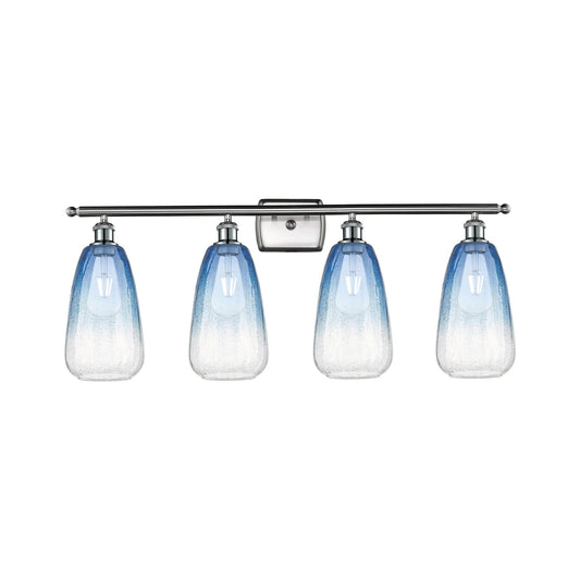 Innovations Brookhaven Almond 36in 4-Light Bath Vanity Light | Industrial Brushed Satin Nickel and Sapphire Blue Glass | Model 516-4W-SN-G480-6SB