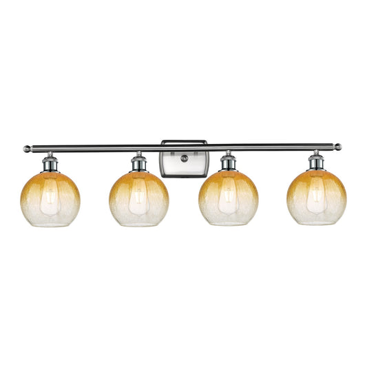 Innovations Brookhaven Globe 38in 4-Light Bath Vanity Light | Industrial Brushed Satin Nickel and Amber Glass | Bathroom Vanity | Model 516-4W-SN-G483-8AM