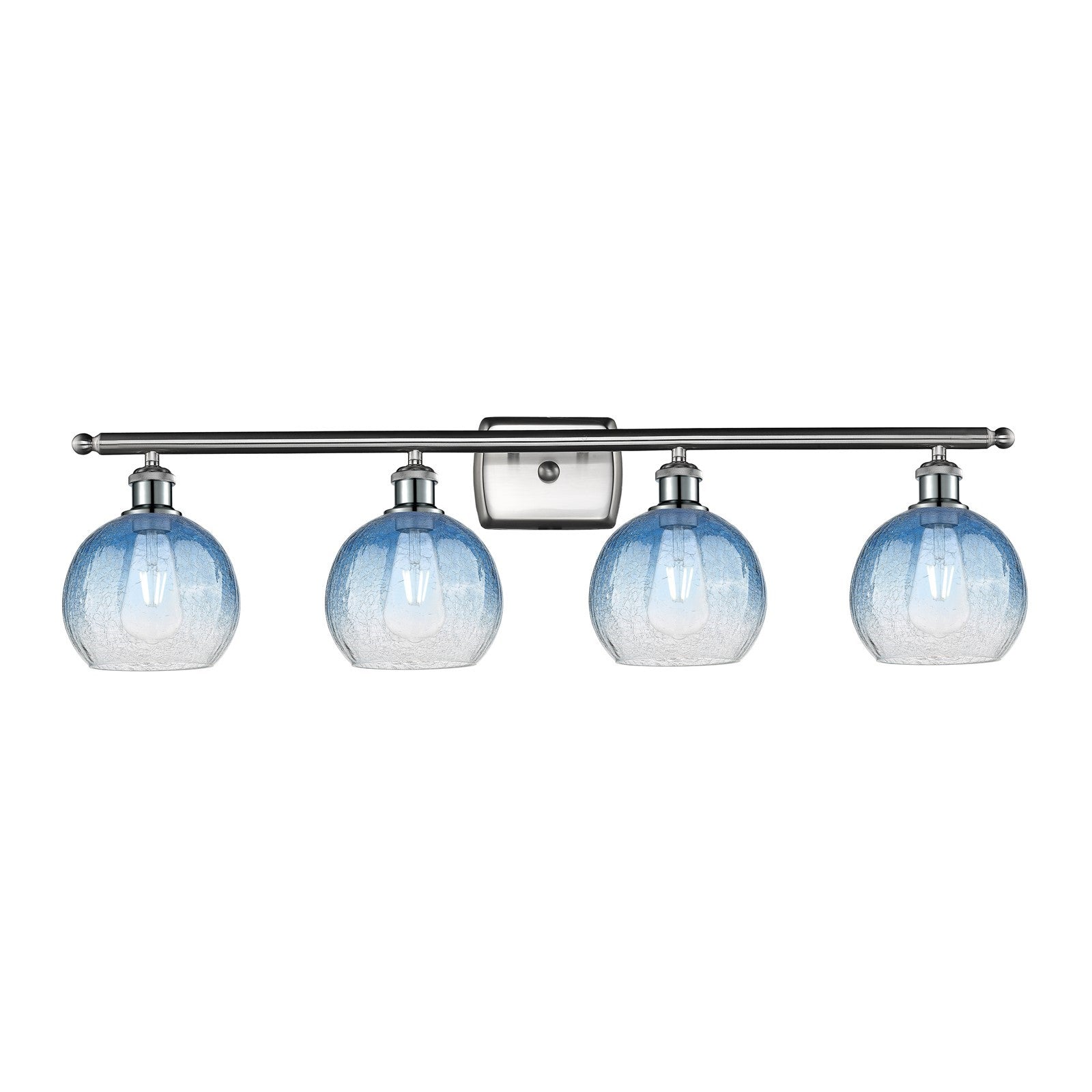 Innovations Brookhaven Globe 38in 4-Light Bath Vanity Light | Industrial Brushed Satin Nickel and Sapphire Blue Glass | Model 516-4W-SN-G483-8SB