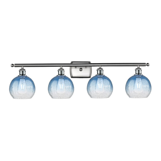 Innovations Brookhaven Globe 38in 4-Light Bath Vanity Light | Industrial Brushed Satin Nickel and Sapphire Blue Glass | Model 516-4W-SN-G483-8SB