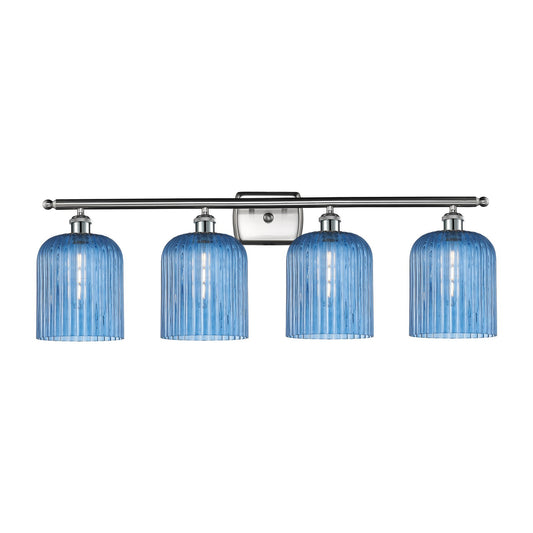 Innovations Bridal Veil 35in 4-Light Bath Vanity Light | Art Nouveau Brushed Satin Nickel and Princess Blue Ribbed Glass | Model 516-4W-SN-G559-8BL