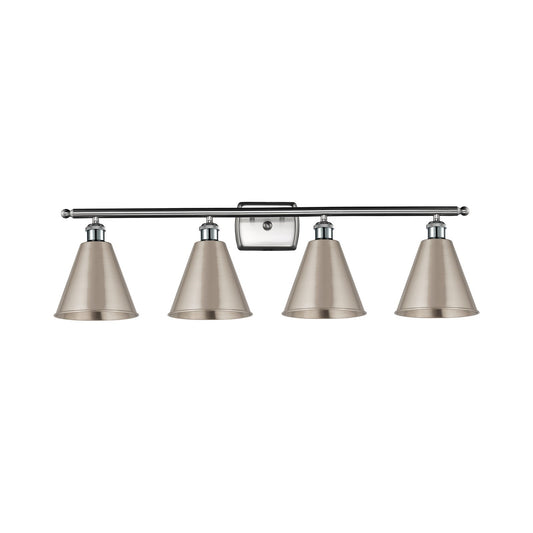 Innovations Berkshire Metal 38in 4-Light Bath Vanity Light | Industrial Farmhouse Brushed Satin Nickel Steel and Metal | Model 516-4W-SN-MBC-8-SN-LED