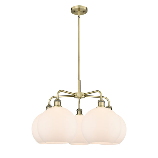 Innovations Athens 28in 5-Light Chandelier | Industrial Antique Brass Steel and Matte White Glass | Dining Room & Living Room | Model 516-5CR-AB-G121-10