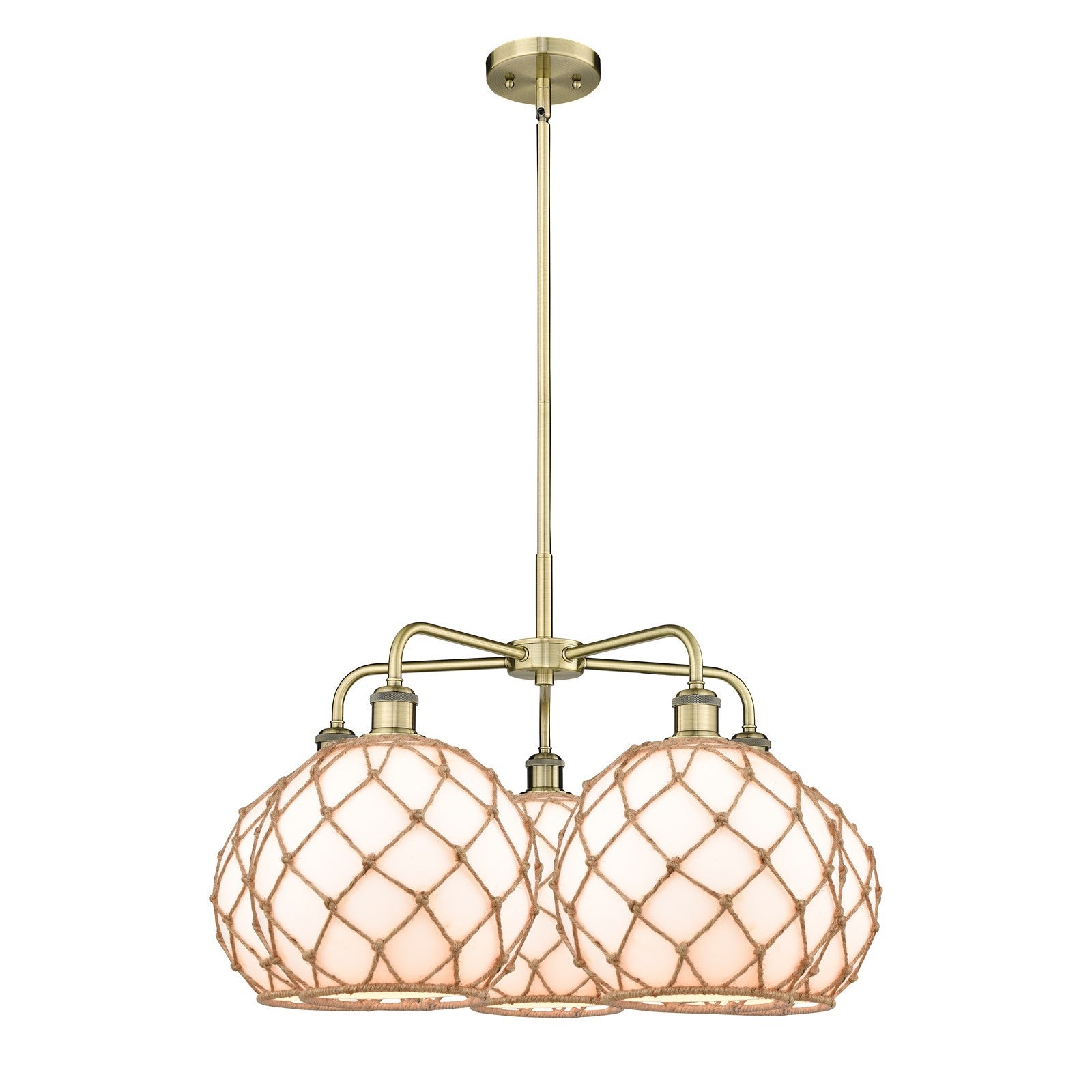 Innovations Farmhouse Rope 29in 5-Light Chandelier | Industrial Antique Brass and Matte White Glass with Brown Rope Shade | Model 516-5CR-AB-G121-10RB