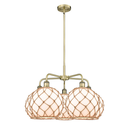 Innovations Farmhouse Rope 29in 5-Light Chandelier | Industrial Antique Brass and Matte White Glass with Brown Rope Shade | Model 516-5CR-AB-G121-10RB