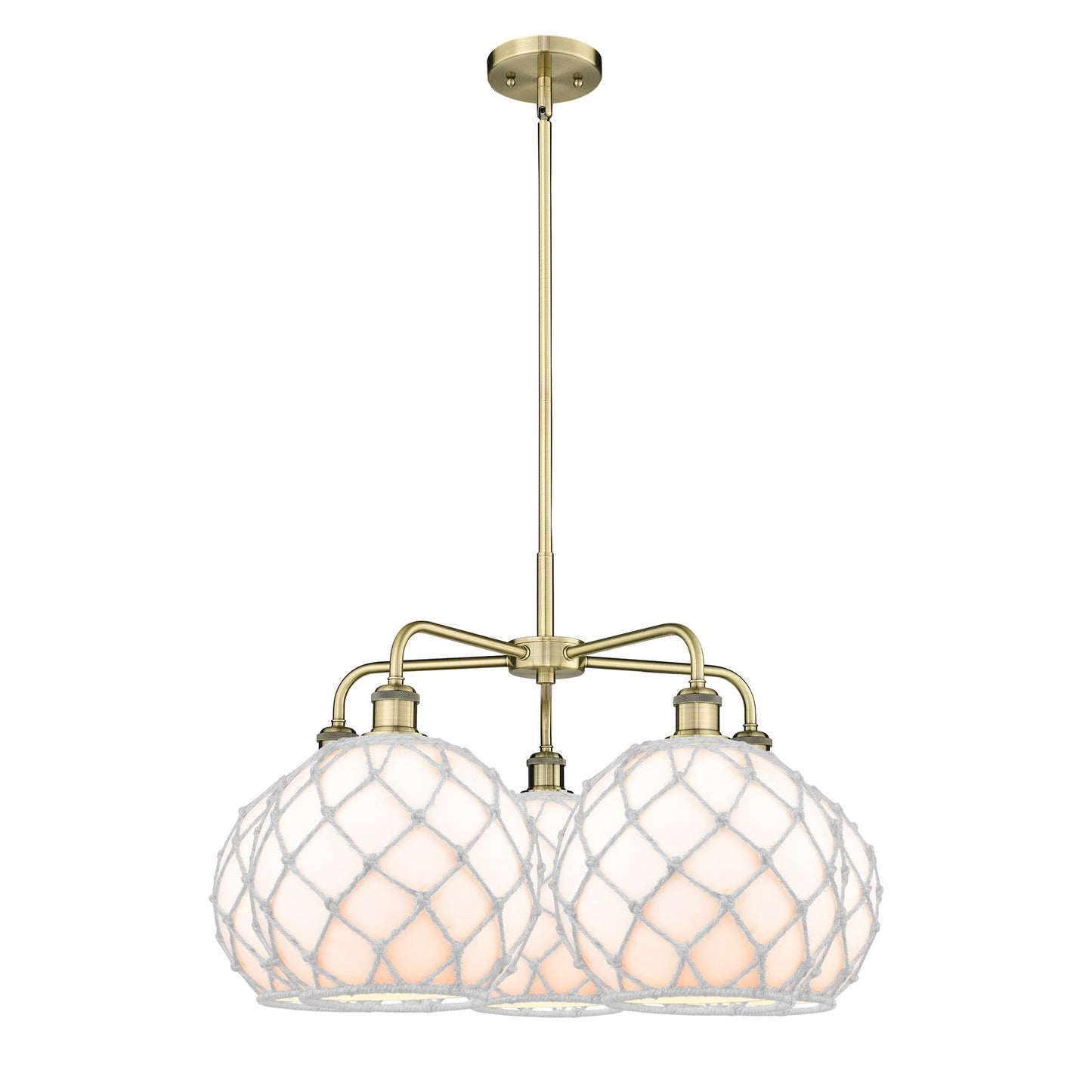 Innovations Farmhouse Rope 29in 5-Light Chandelier | Industrial Antique Brass Steel and White Glass with Rope | Dining Room & | Model 516-5CR-AB-G121-10RW